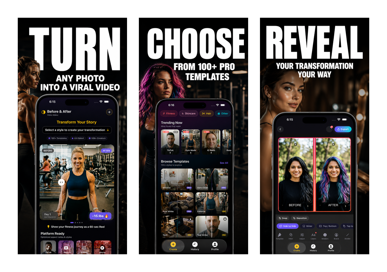 Before and After Reels Maker iOS App - Photo Compare & Slider Videos - MomentumLab AI