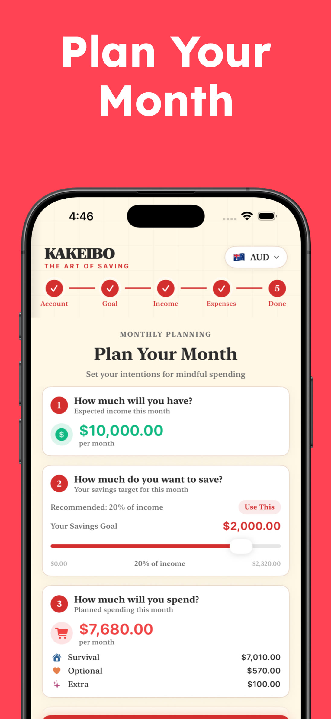 Kakeibo monthly planning - set your income, expenses, and savings goals at the start of each month