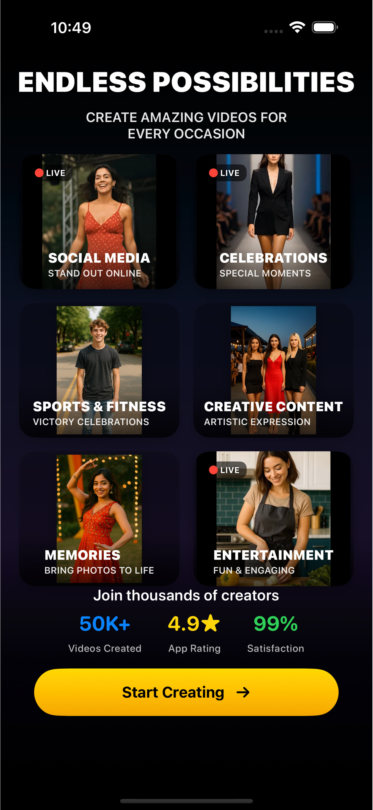 Browse 50+ action presets organized by category in AI Video app
